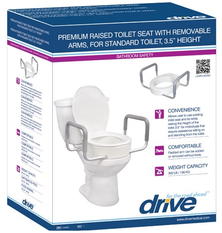 Raised Toilet Seat,Tool-free Removable Arms, Fits Standard Size with Lock  by Drive Medical Model # 12008KDR - Bathroom Safety - Browse Products